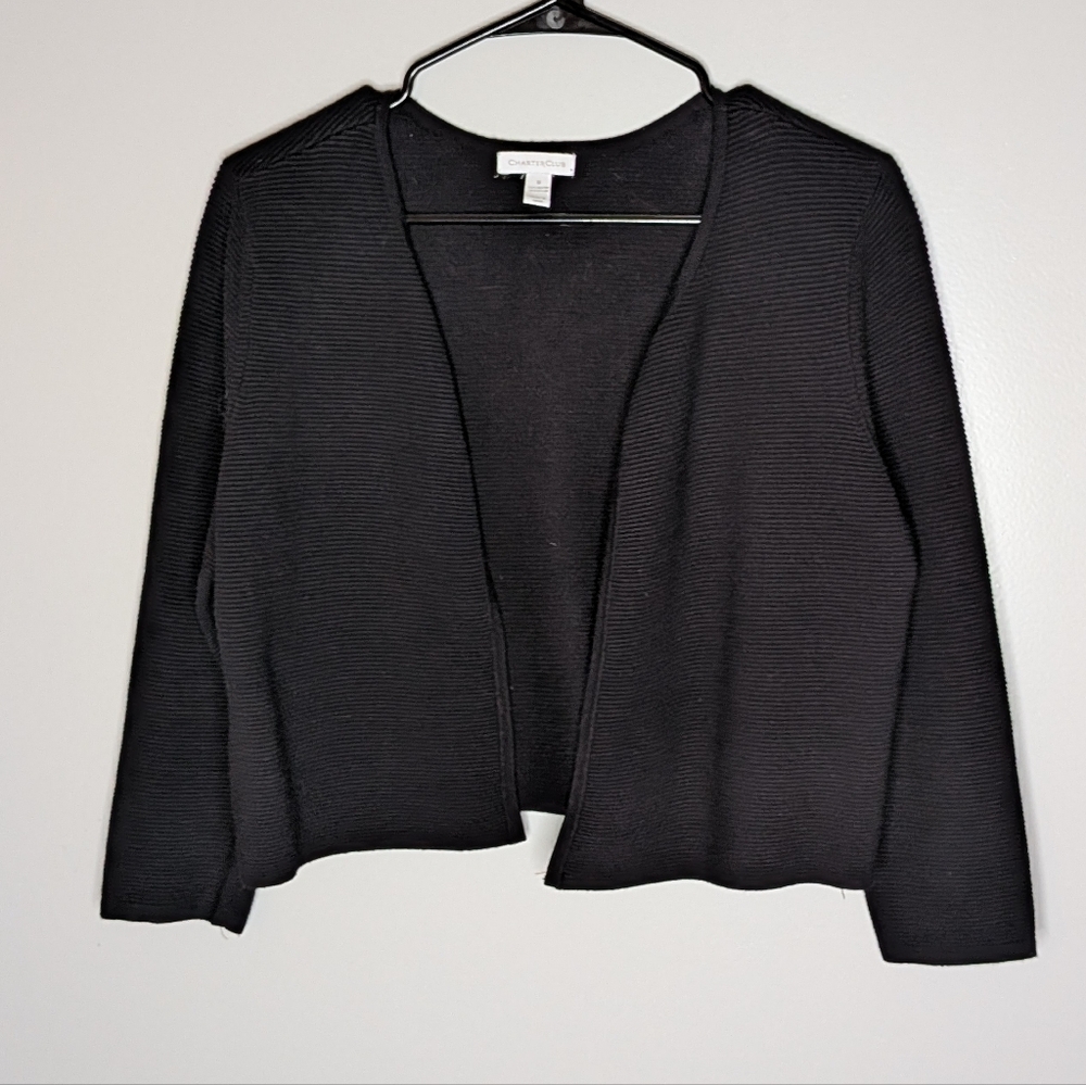 Charter Club Cardigan Sweater Black TexturedOpen Front Cropped‎ Size M - Picture 4 of 16